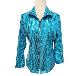 Exclusively Misook Jacket Women S Blue Metallic Square Grid Zip Up Disco Shimmer